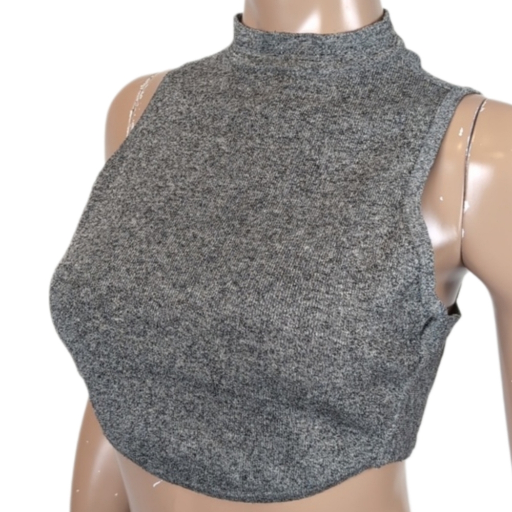 Revamped Sirens Ribbed Knit Crop Top Sleeveless High Mock Neck Gray Size Large